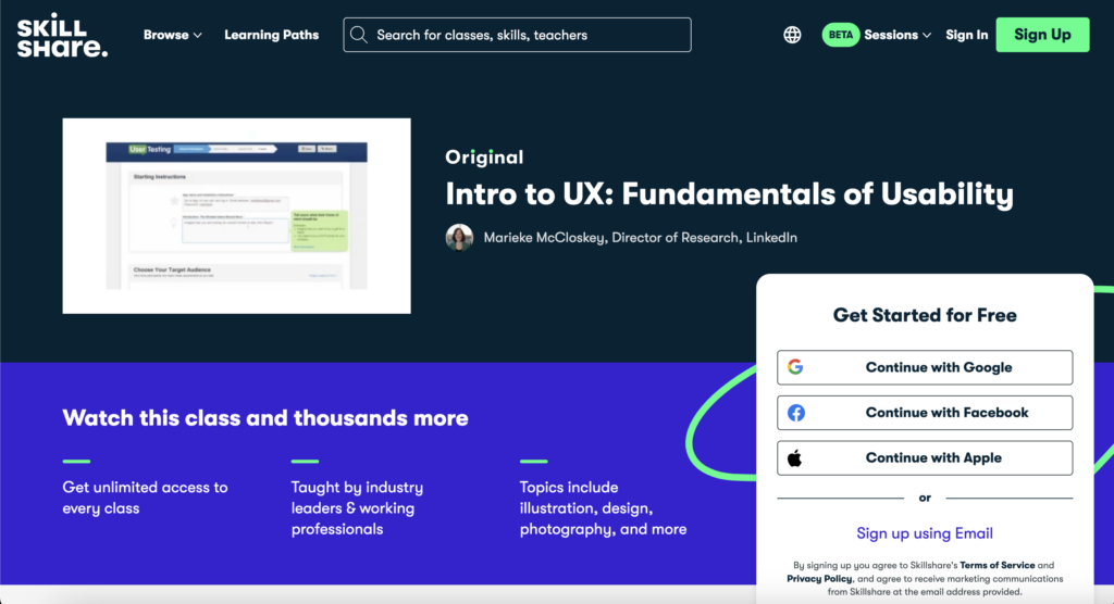 Page Flows’ screenshot of the Skillshare landing page for the Intro to UX course.
